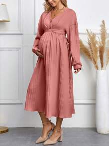 SHEIN Vestido De Punto Con Pliegues Y Torsiones Para Mujeres Embarazadas - Rosa vieja - Ver 5