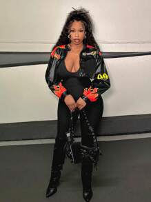 Slaydiva Street Motorcycle Style Women's Short Jacket With Red Flame Pattern Print, Black PU Leather - Black - View 3