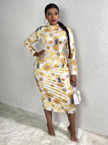 Slaydiva Plus Floral Print Mock Neck Bodycon Dress - Multicolor - View 5