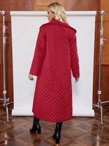 SHEIN LUNE 女士大翻领菱形格纹绗缝加厚外套 - 紅色 - 查看 2