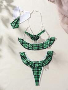 SHEIN 女用蝴蝶結裝飾襯衫領荷葉邊性感格紋內衣