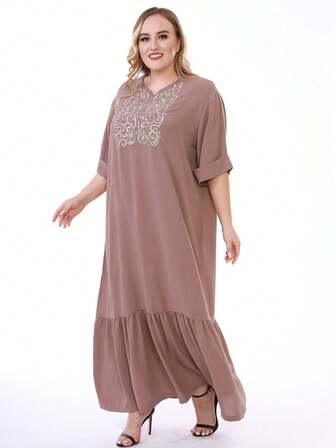 Plus Size Embroidered Detail Roll-Up Sleeve Ruffled Hem Dress