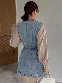 FRIFUL Women's Belted Denim Vest Jacket - Medium Wash - View 2