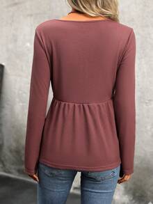 SHEIN LUNE 女士肋紋荷葉邊t恤 - 紅色 - 查看 2