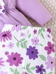 Baby Girls' Spring & Autumn Long Sleeve Ruffle Detail Top With Bow And Flower Printed Pants - Purple - View 6