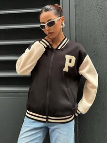SHEIN Unity 女款字母拼接學院風棒球夾克 - 彩色 - 查看 6
