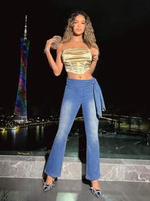 SHEIN BAE 女用側繫帶喇叭牛仔褲 - 藍色 - 查看 5