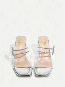 SheIn SXY 鑽石和扣式絲帶高跟穆勒拖鞋