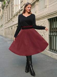 SHEIN Frenchy 女款大尺碼蕾絲拼接腰裙 - 酒紅色 - 查看 4