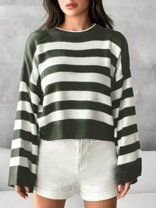 RueChic Sọc Tay áo chuông Áo len - xanh quân đội - Xem 3