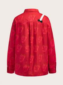 SHEINNeu 字母和花卉印花蝴蝶結和前紐扣襯衫