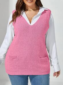 Calvaya 大尺碼毛衣背心(無襯衫,有口袋) - 玫紅色 - 查看 5