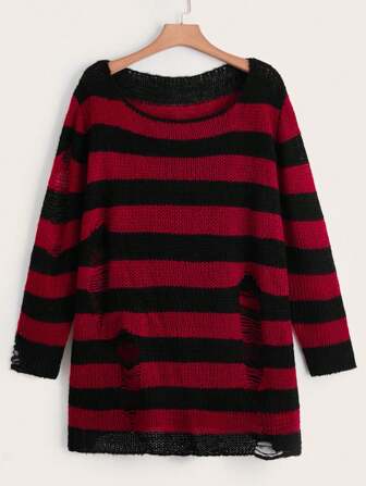 Pull long rayé et déchiré grande taille pour femmes, pour l'hiver