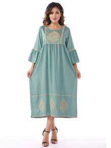 女式拼色刺绣圆领阿拉伯风格连衣裙 - 水鴨藍 - 查看 7