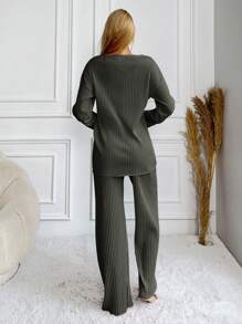 EURMUSE Letter Printed Ribbed Knit Loungewear Set - Dark Green - View 2
