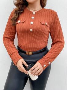 SHEIN LUNE Women's Plus Size Texture T-shirt With Decorative Buttons And Flap - Brown - View 1