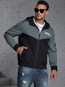 Manfinity Homme Nam Plus Đồ họa Chữ cái Khối màu Dây kéo áo có mũ Áo khoác - màu đen - Xem 8