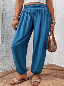 SHEIN LUNE Plus Solid Elastic Waist Trousers - Blue - View 4