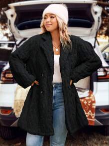 SHEIN LUNE Plus Size Cable Knit Cardigan - Black - View 6