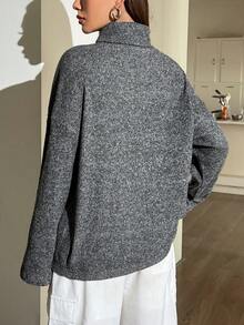 SHEIN EZwear Women's High Neck Drop Shoulder T-shirt - Dark Grey - View 3