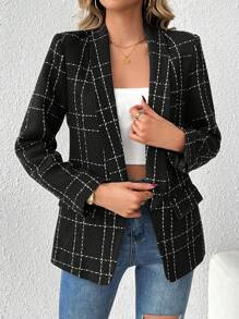 SHEIN Tall Women'S Checked Lapel Blazer - Black - View 1