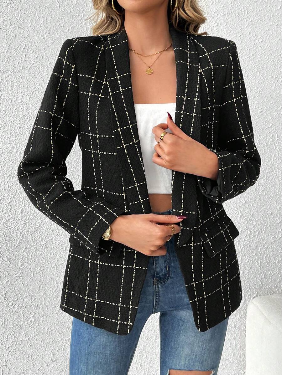 SHEIN Tall Women'S Checked Lapel Blazer - Black - View 1