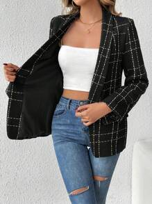SHEIN Tall Women'S Checked Lapel Blazer - Black - View 7