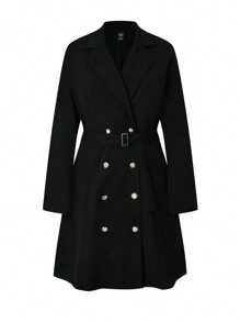 SHEIN Clasi Plus Lapel Neck Double Breasted Belted Dress - Black - View 1