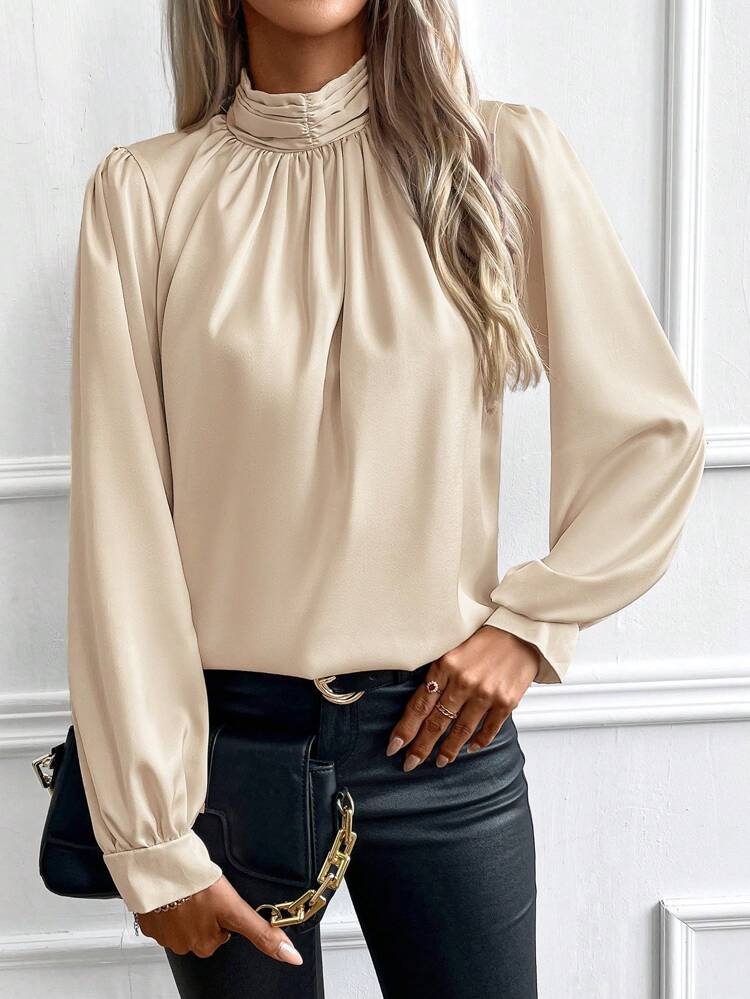 Ruched Detail Mock Neck Lantern Sleeve Blouse
