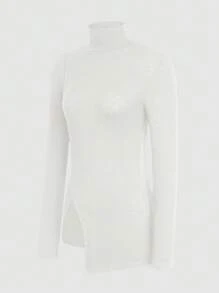 SHEIN Essnce Women's High Neck Split T-shirt - White - View 3