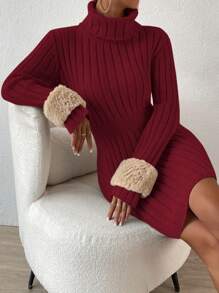 Chiquease 修身羅紋高領毛衣洋裝(不含腰帶) - 紅色 - 查看 5