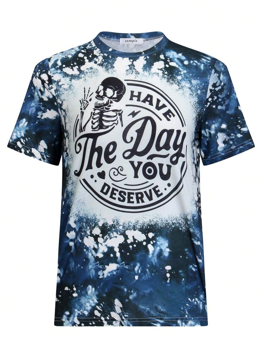 SHEIN LUNE Áo thun in khẩu hiệu Tie Dye Graphic Tee Áo thun in hình phụ nữ - Màu xanh bụi bặm - Xem 1
