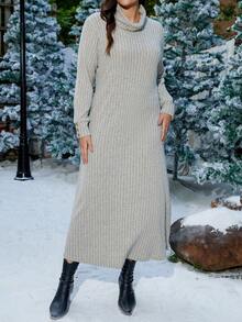 SHEIN LUNE Vestido Largo Casual De Cuello Alto Con Talla Grande Para Mujer - Albaricoque - Ver 3