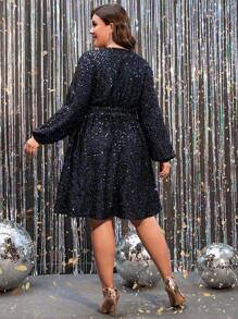 SHEIN Clasi Plus Lantern Sleeve Belted Sequin Dress Fall Cloth For Women - Black - View 2