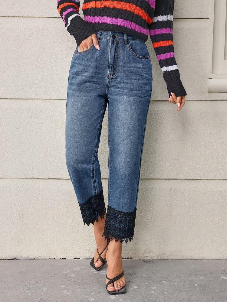 Women's Lace Patchwork Straight Leg Jeans