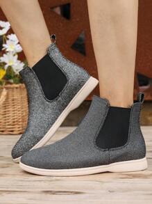Women's Elegant Chelsea Boots, Fall/winter, Thin Plush Lining, Elastic Design, Flat Sole, Shiny Look, Ankle Boots