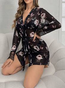 Floral Printed Spliced Mesh Sleepwear Robe - Multicolor - View 3
