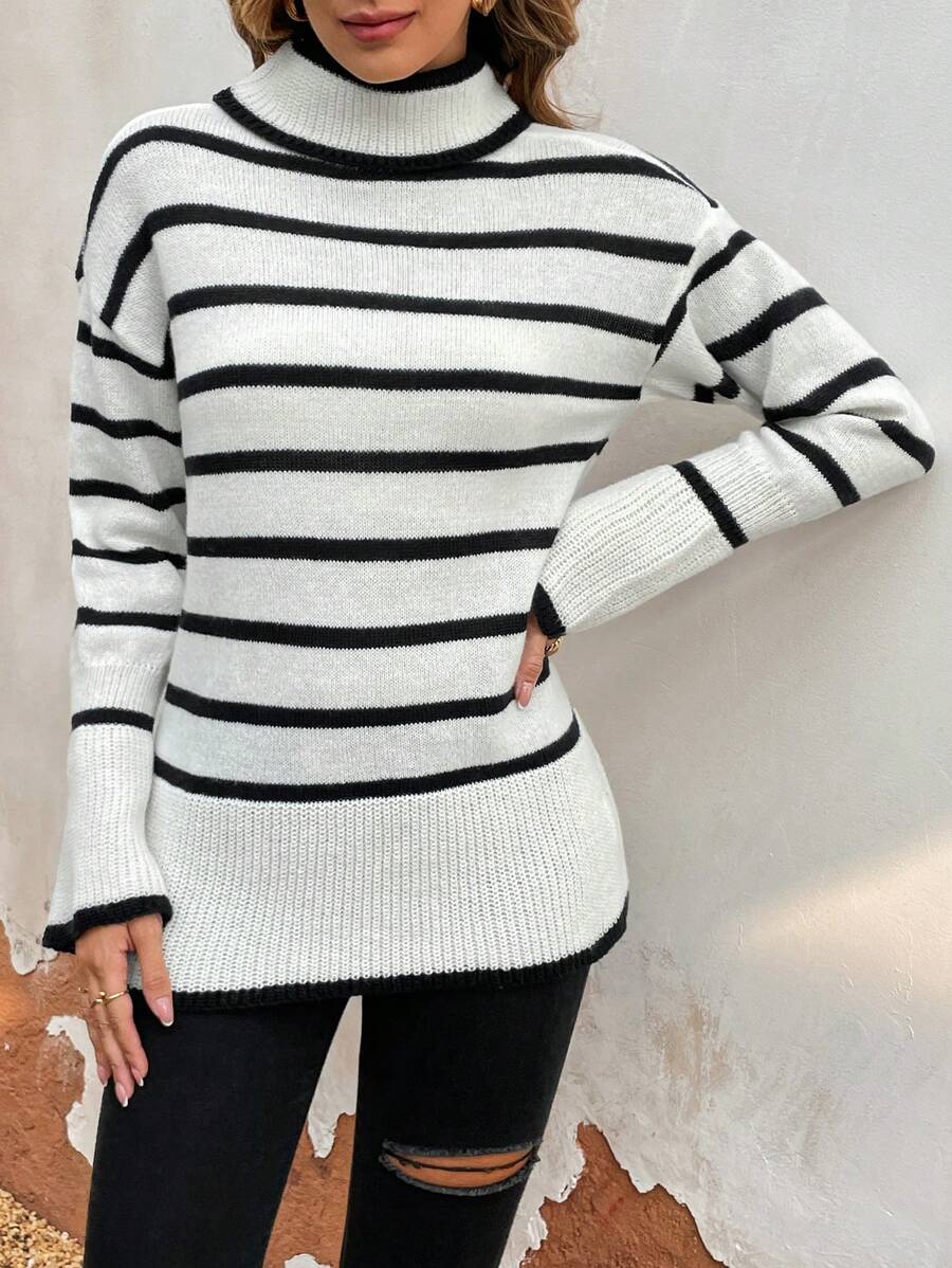 SHEIN Frenchy Women's Stand Collar Striped Drop Shoulder Sweater - White - View 1