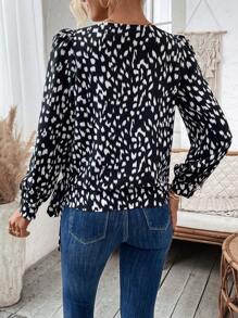 SHEIN Clasi All-over Printed Lantern Sleeve Tie-front Shirt - Black and White - View 3