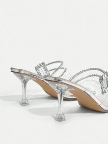 SheIn SXY 鑽石和扣式絲帶高跟穆勒拖鞋