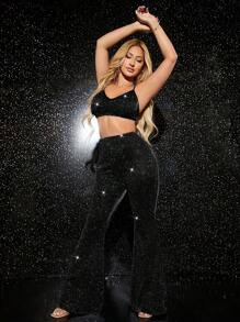 SHEIN SXY Long lanh Cắt chóp Cami & Quần ống loe - màu đen - Xem 4