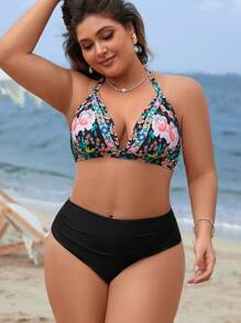 Swim Lushoire Summer Beach Women's Plus Size Halter Neck Floral Printed Bikini Set With Tie Side Bottom