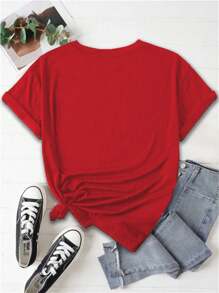 SHEIN EZwear 女士大尺碼休閒圓領短袖T恤，休閒合身款式，帶箭頭心形印花 - 紅色 - 查看 2