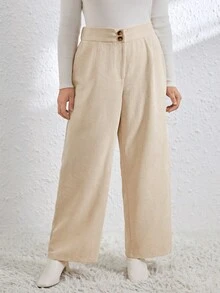 SHEIN Essnce Plus Size Solid Color Corduroy Pants - Apricot - View 4