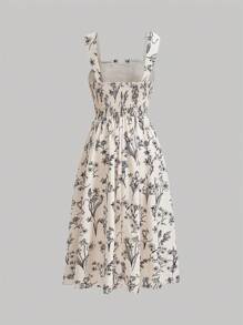 SHEIN Girlism Vestido de alça larga com estampa floral tecida para adolescentes, decote quadrado e costas nuas