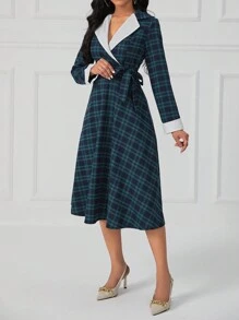 SHEIN Lady Lapel Neck Tie Side Plaid Dress - Multicolor - View 5