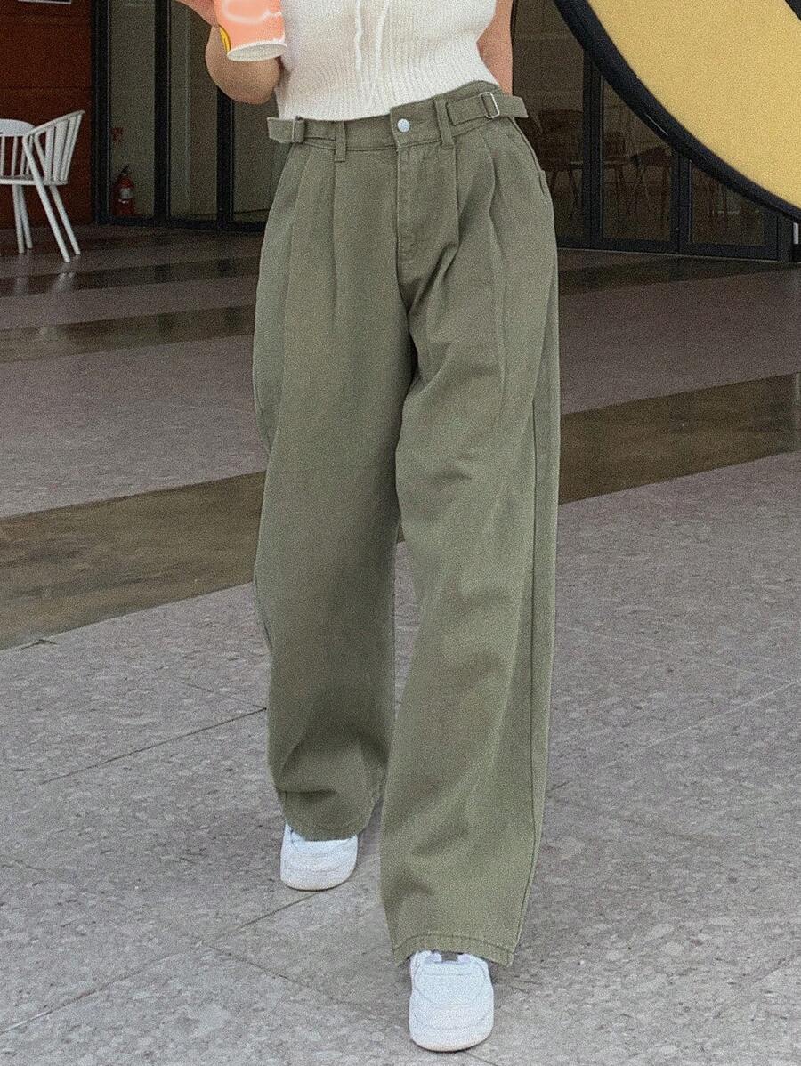 DAZY Cao eo Chi tiết nếp Quần chân thẳng - màu xanh lá - Xem 1