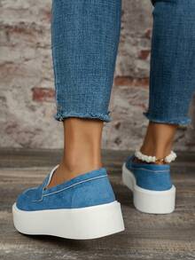 女套腳平底鞋圓頭低筒麂皮休閒運動鞋學生女童鞋黏膠運動鞋春夏新品 - 淺藍色 - 查看 3