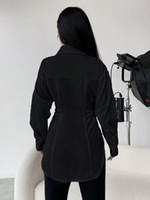 SHEIN Unity Solid Color Side Pleated Shirt - Black - View 2