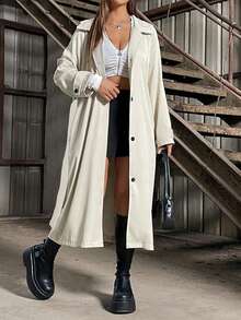 SHEIN Unity Solid Color Belted Coat - Khaki - View 4